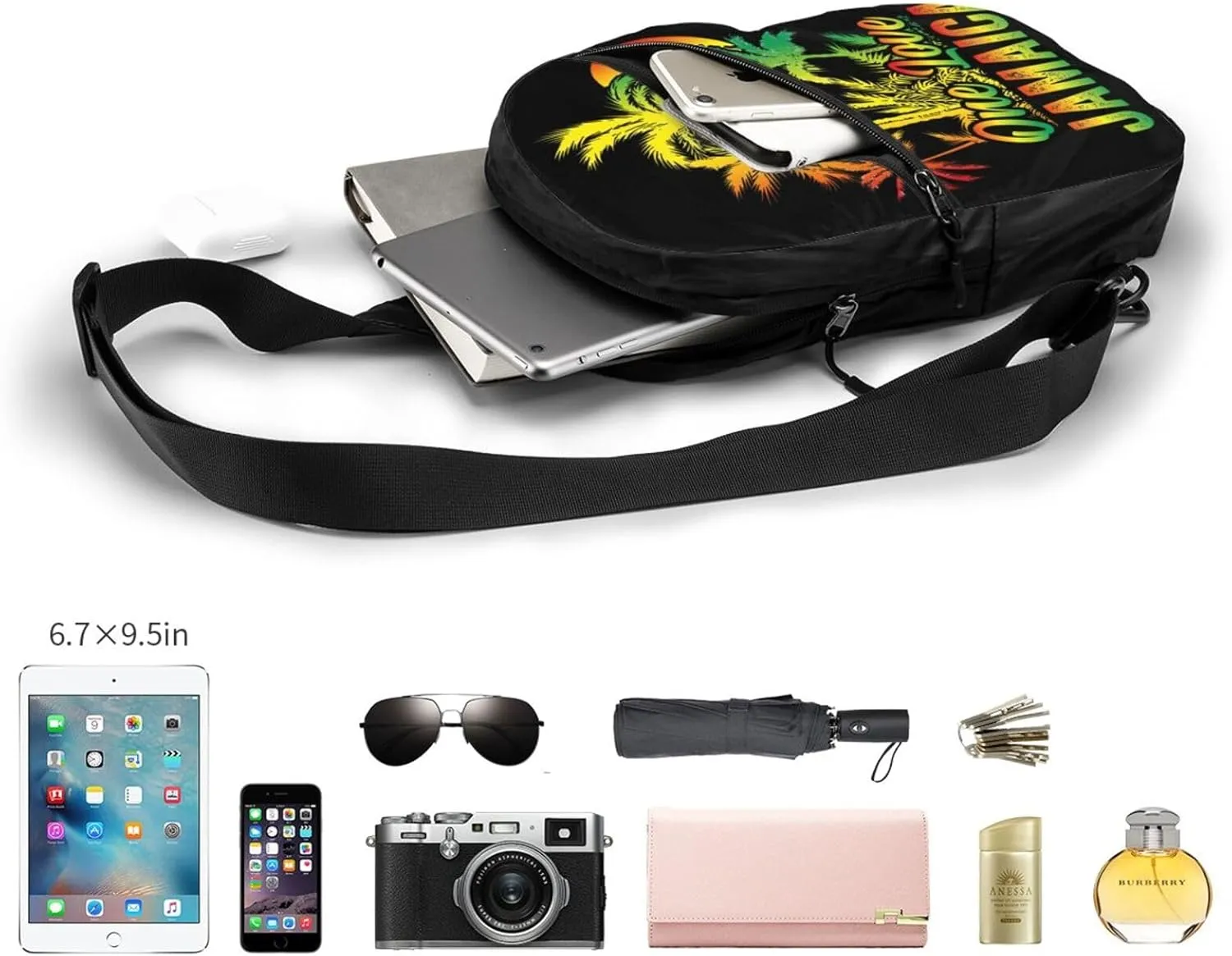 One Loves Jamaican Rasta Reggae Palm Trees Portable Sling Bags Packable Crossbody Bag Foldable Sport Daypack Reusable Shoulder Backpack Diagonally Chest Bag for Workout Travel