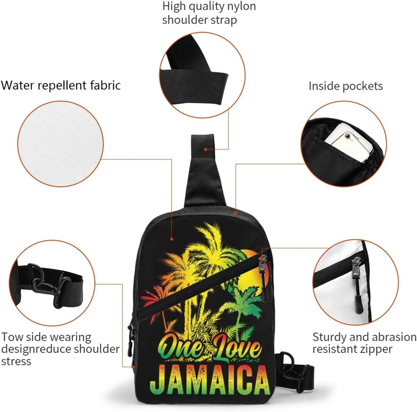 One Loves Jamaican Rasta Reggae Palm Trees Portable Sling Bags Packable Crossbody Bag Foldable Sport Daypack Reusable Shoulder Backpack Diagonally Chest Bag for Workout Travel