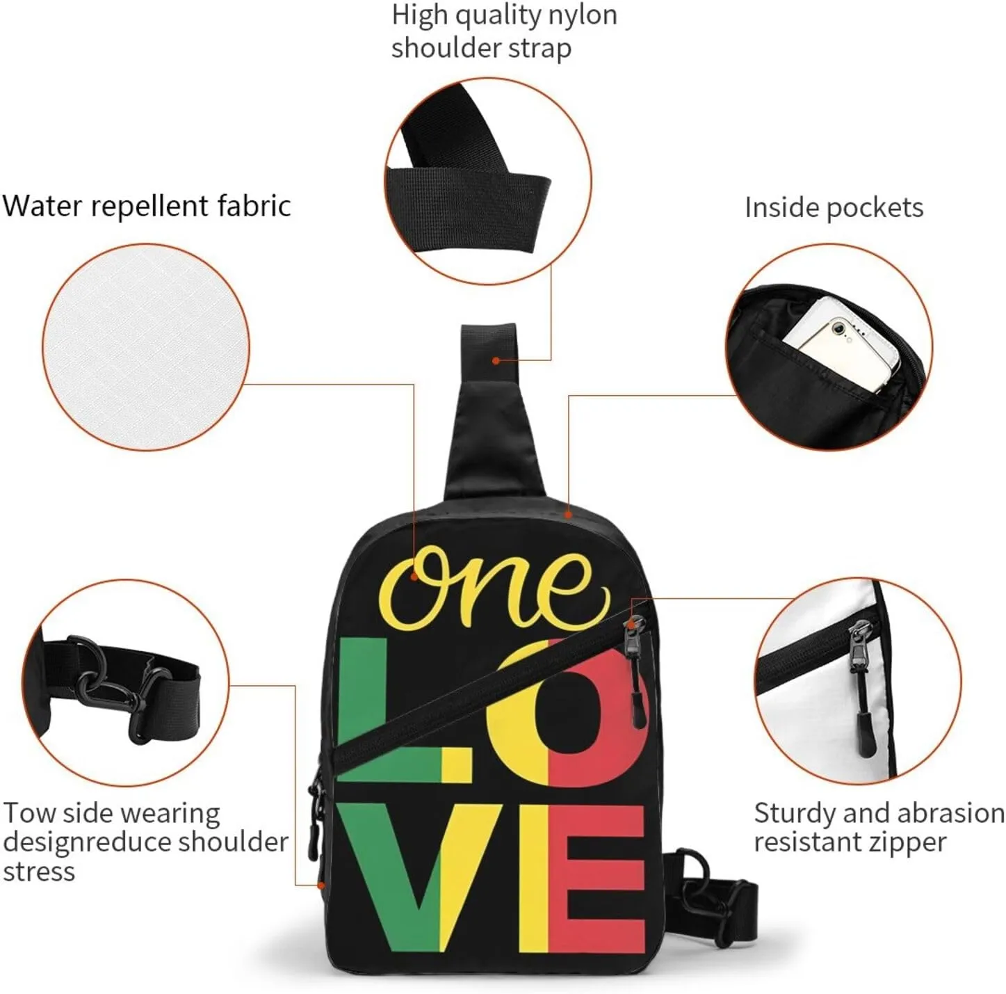 One Loves Jamaican Rasta Reggae Portable Sling Bags Packable Crossbody Bag Foldable Sport Daypack Reusable Shoulder Backpack Diagonally Chest Bag for Workout Travel