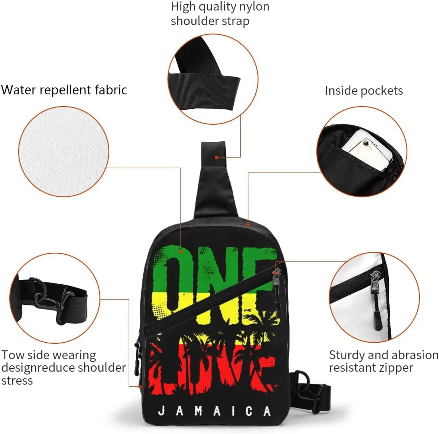 One Loves Jamaican Rasta Reggae Portable Sling Bags Packable Crossbody Bag Foldable Sport Daypack Reusable Shoulder Backpack Diagonally Chest Bag for Workout Travel