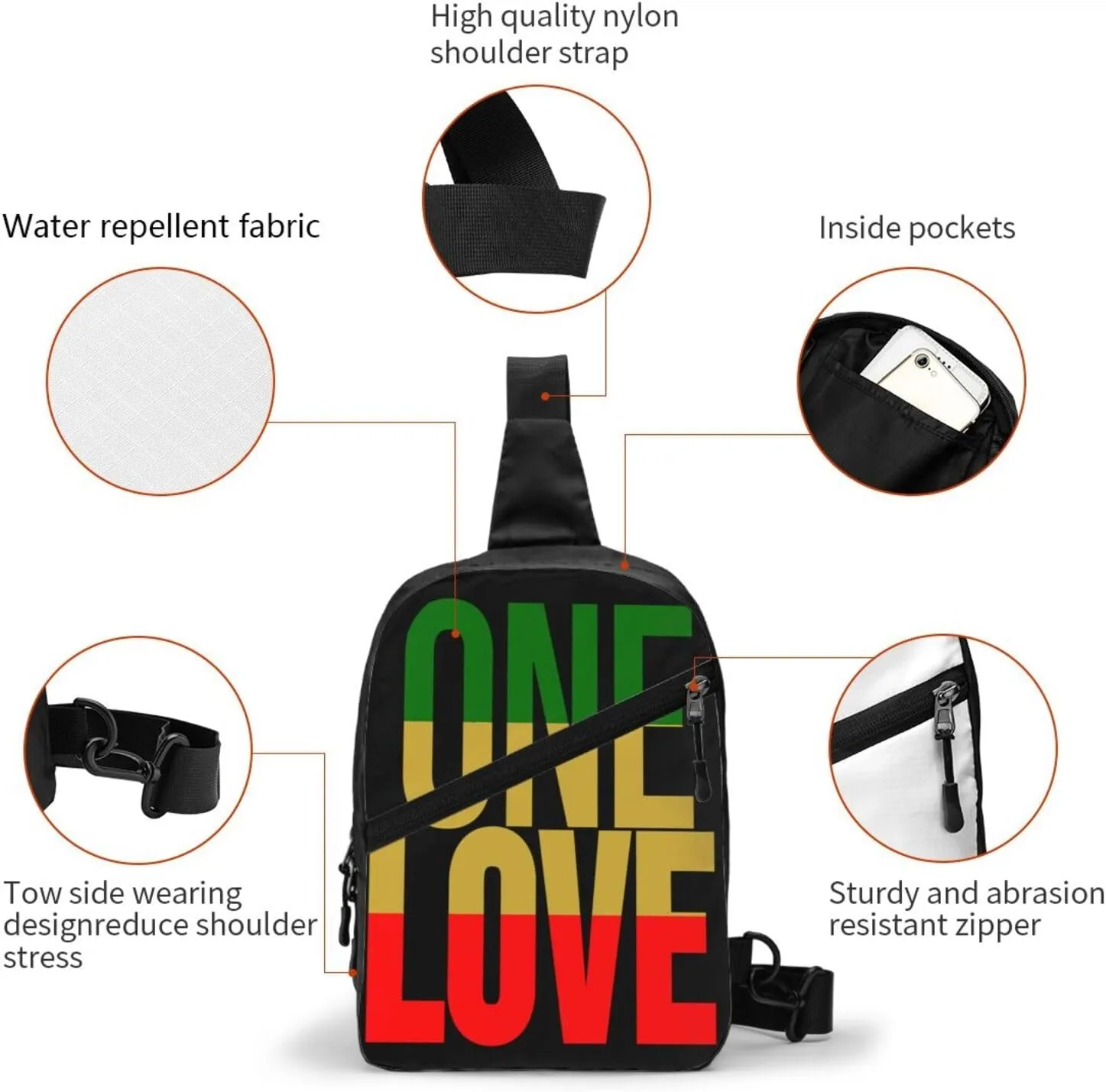 One Loves Jamaican Rasta Reggae Portable Sling Bags Packable Crossbody Bag Foldable Sport Daypack Reusable Shoulder Backpack Diagonally Chest Bag for Workout Travel