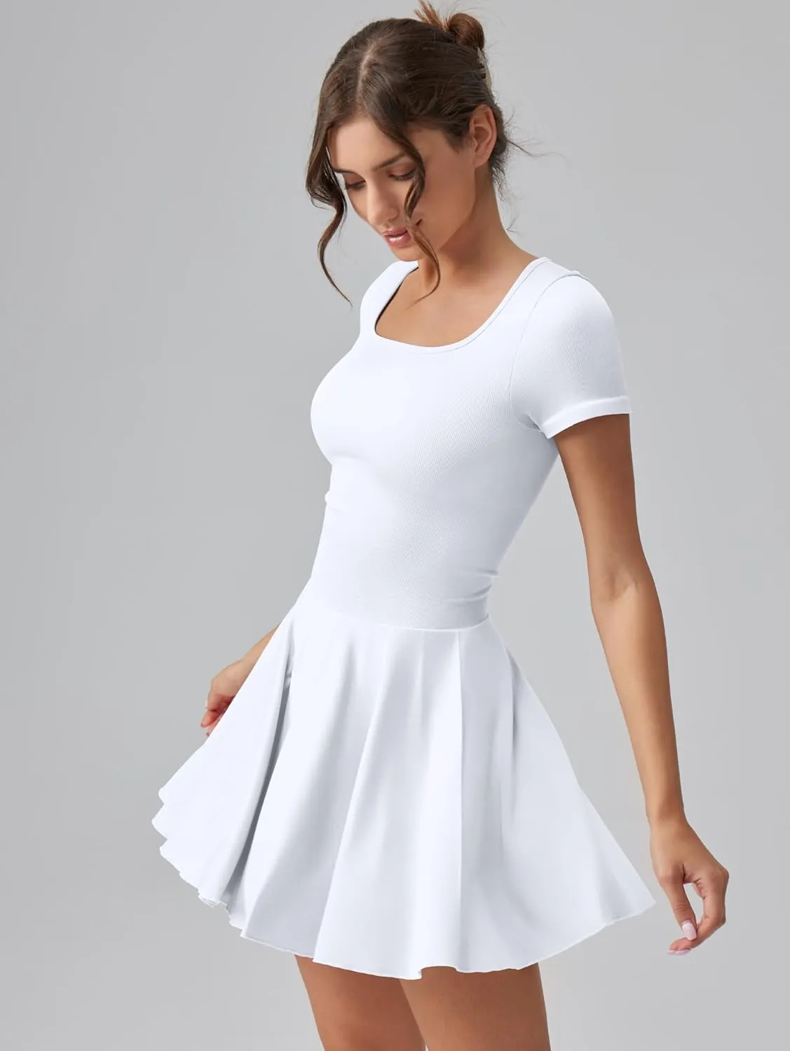 OQQ Women's Square Neck Ruffle Hem Mini Dress Summer Short Sleeve with Shorts Party Dresses