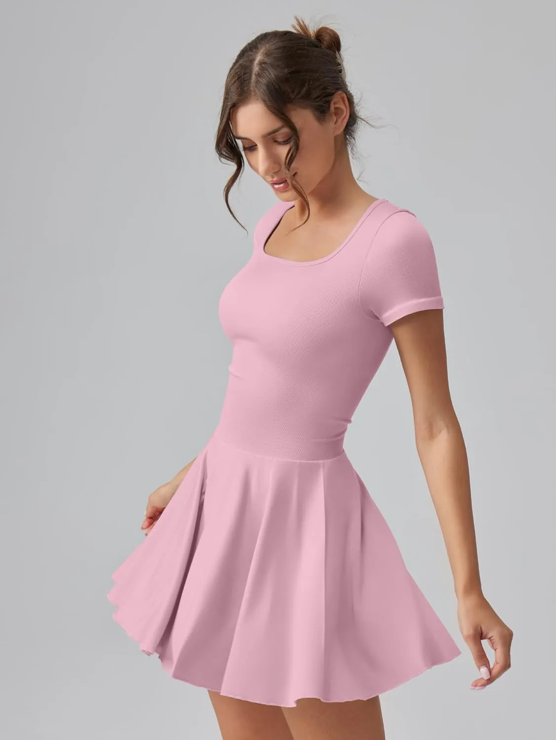 OQQ Women's Square Neck Ruffle Hem Mini Dress Summer Short Sleeve with Shorts Party Dresses