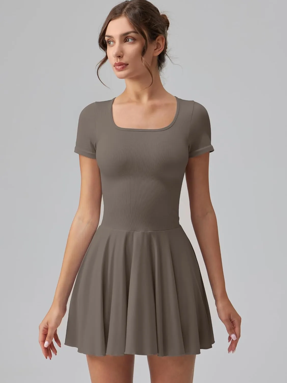 OQQ Women's Square Neck Ruffle Hem Mini Dress Summer Short Sleeve with Shorts Party Dresses