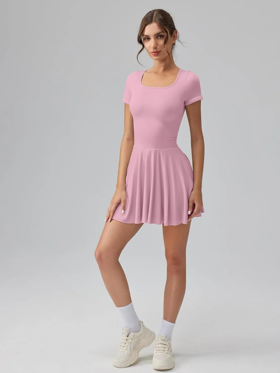 OQQ Women's Square Neck Ruffle Hem Mini Dress Summer Short Sleeve with Shorts Party Dresses