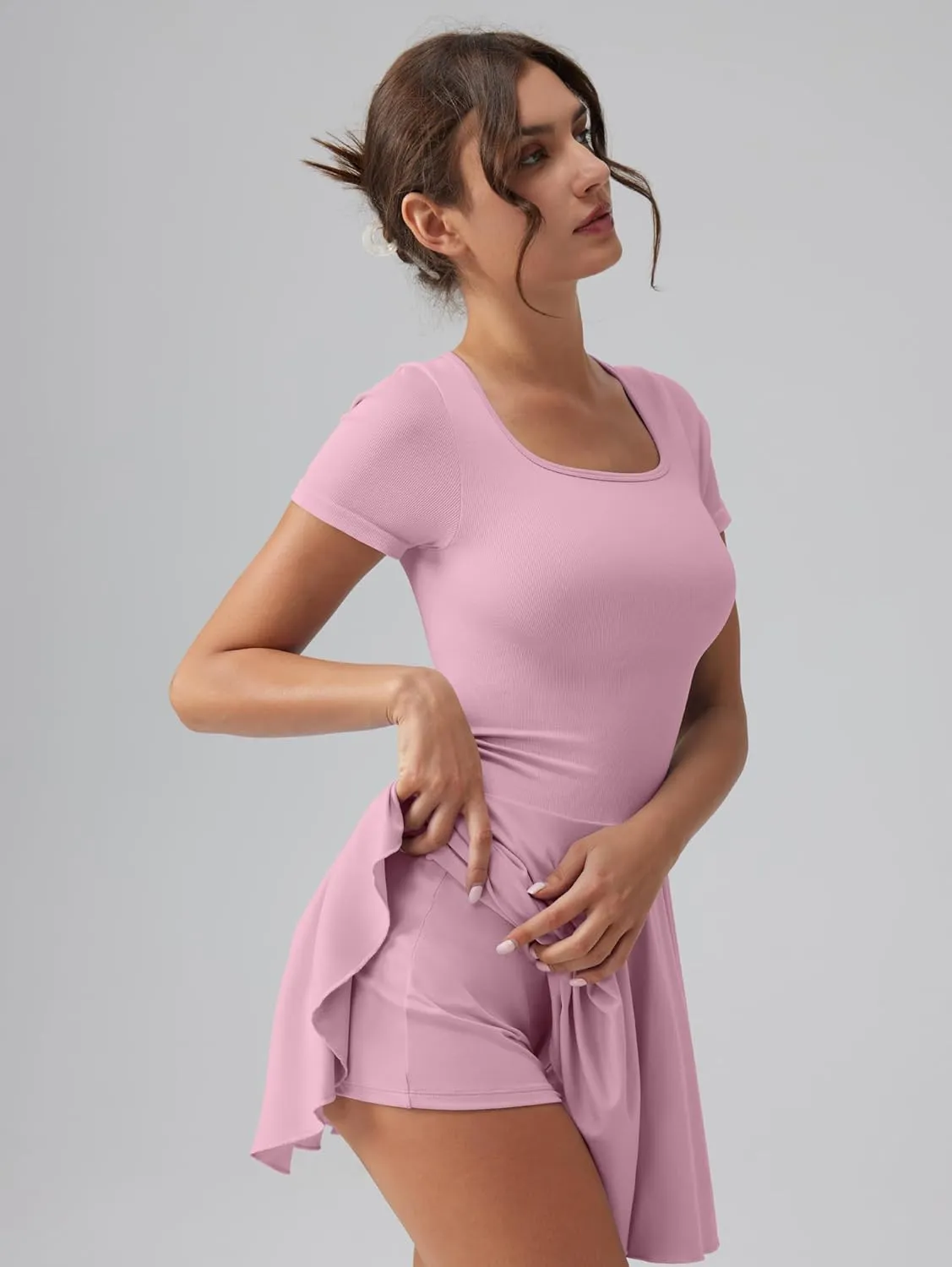 OQQ Women's Square Neck Ruffle Hem Mini Dress Summer Short Sleeve with Shorts Party Dresses
