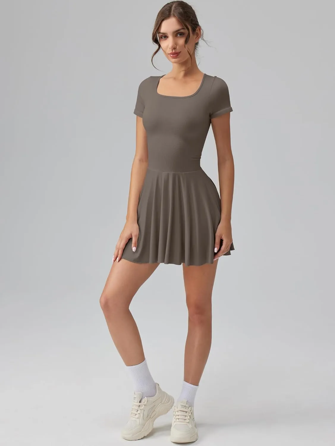 OQQ Women's Square Neck Ruffle Hem Mini Dress Summer Short Sleeve with Shorts Party Dresses