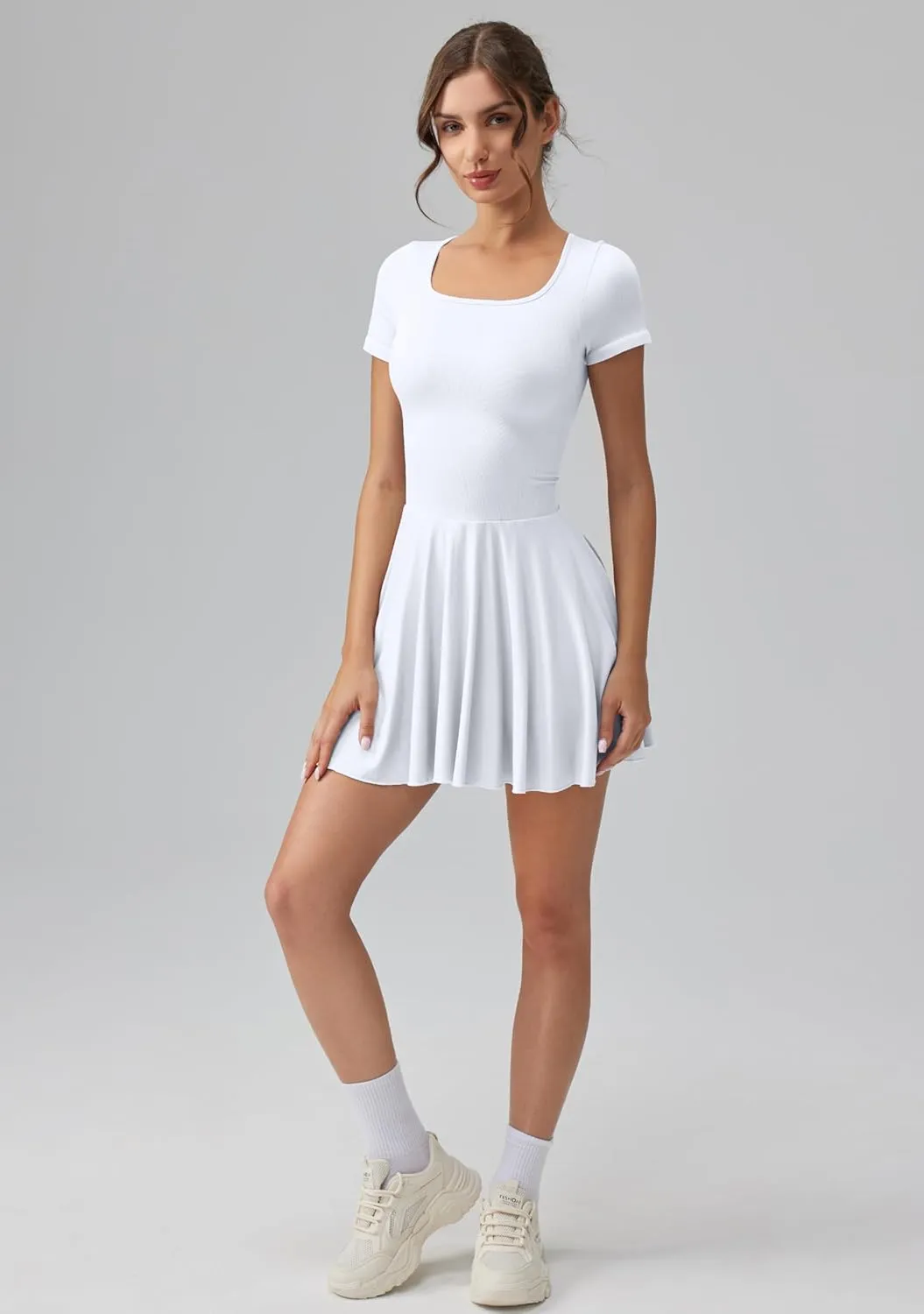 OQQ Women's Square Neck Ruffle Hem Mini Dress Summer Short Sleeve with Shorts Party Dresses