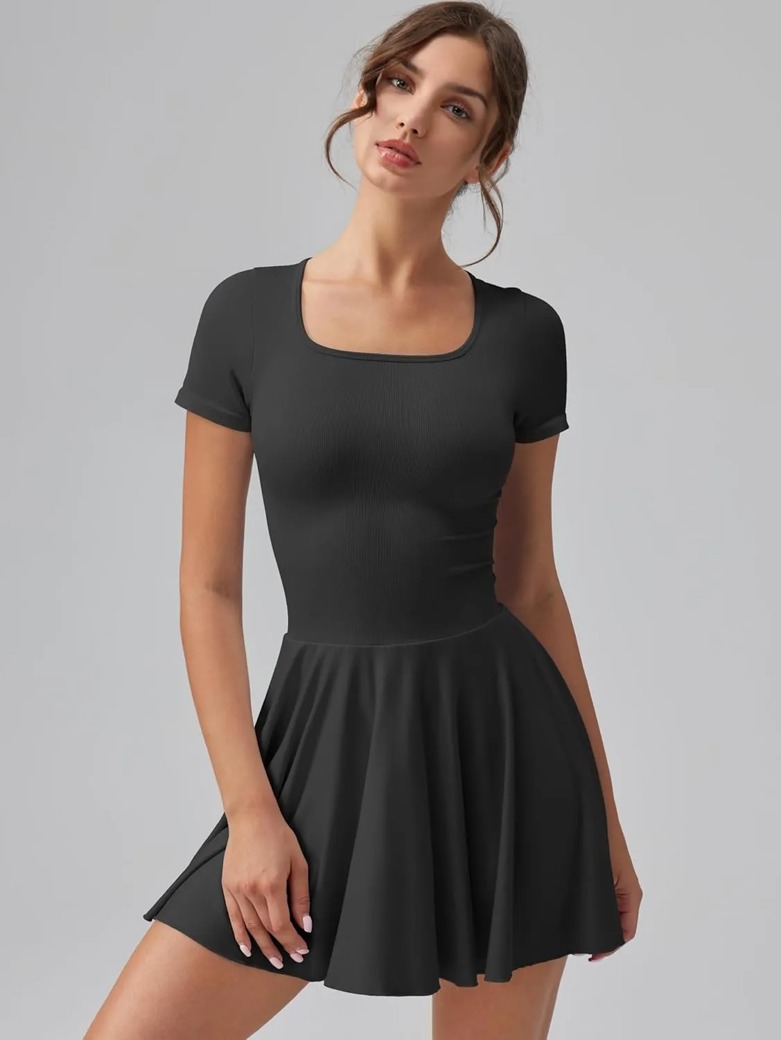 OQQ Women's Square Neck Ruffle Hem Mini Dress Summer Short Sleeve with Shorts Party Dresses