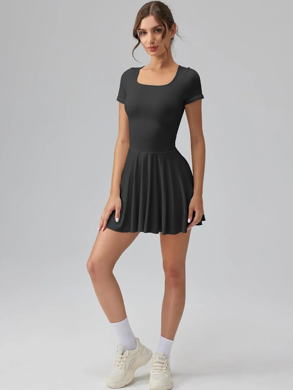 OQQ Women's Square Neck Ruffle Hem Mini Dress Summer Short Sleeve with Shorts Party Dresses