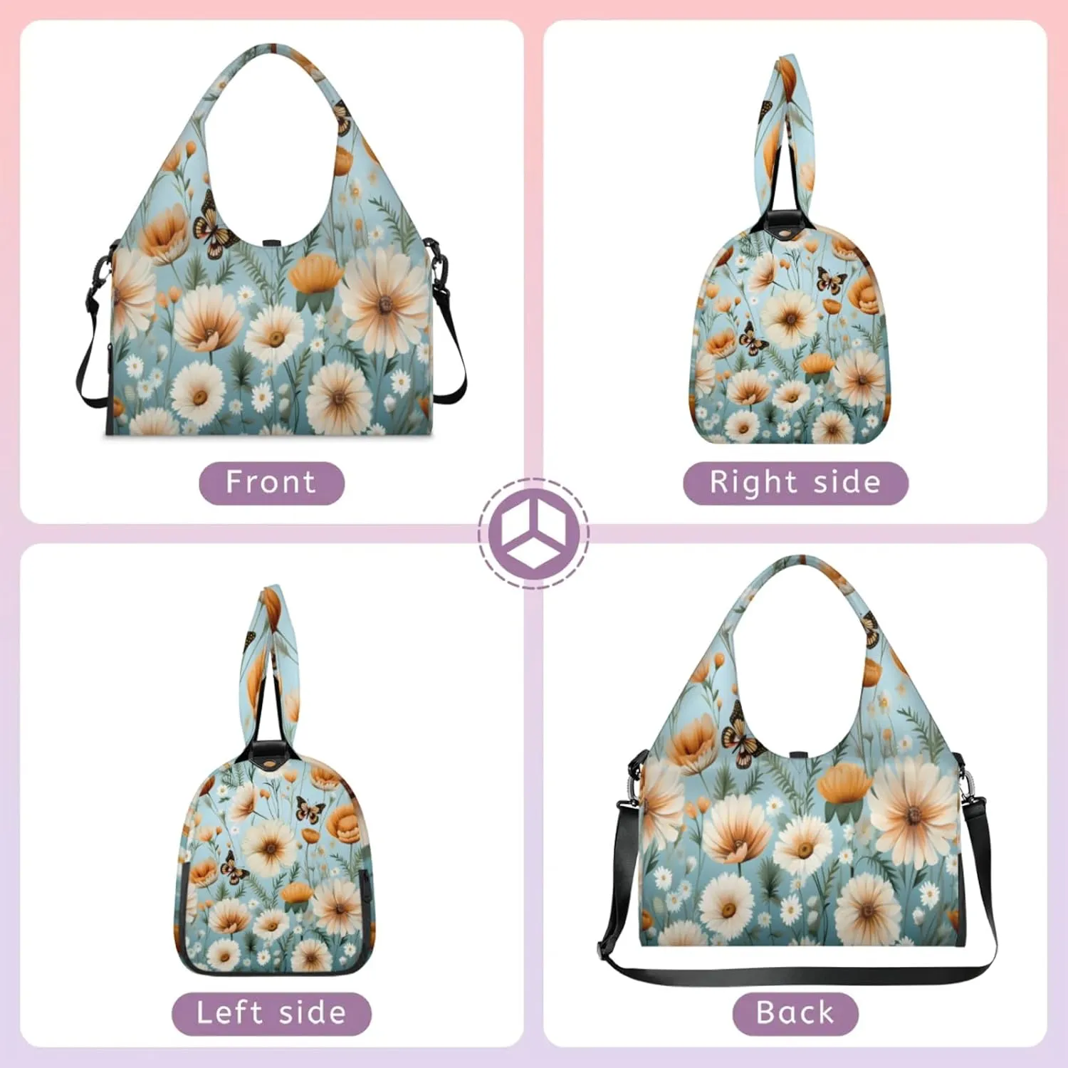 Orange White Blooms Waterproof Gym Bag for Men Women, Sports Duffel Bag with Shoe Compartment Yoga Mat Holder, Portable Large Travel Bag for Fitness, Camping, Weekend Trips