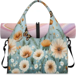 Orange White Blooms Waterproof Gym Bag for Men Women, Sports Duffel Bag with Shoe Compartment Yoga Mat Holder, Portable Large Travel Bag for Fitness, Camping, Weekend Trips