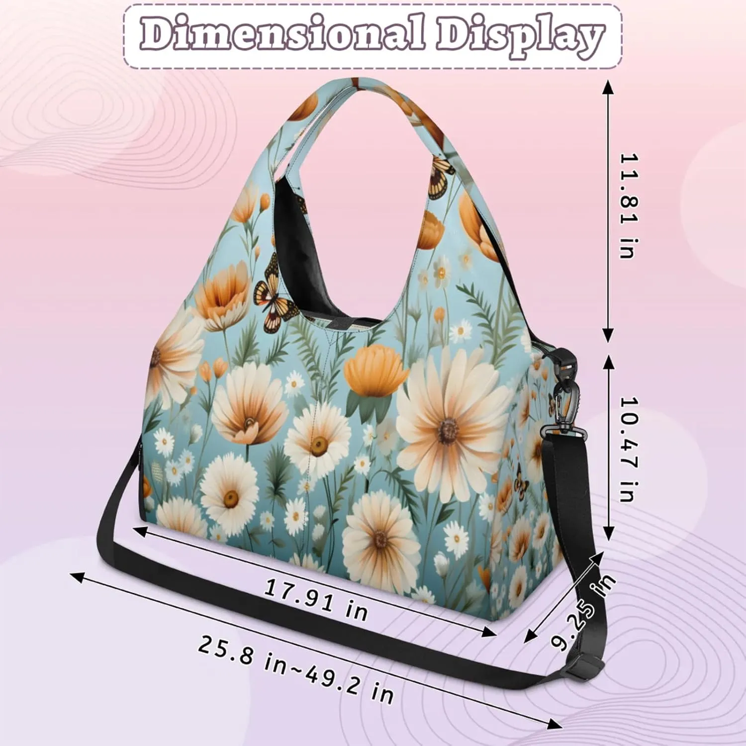 Orange White Blooms Waterproof Gym Bag for Men Women, Sports Duffel Bag with Shoe Compartment Yoga Mat Holder, Portable Large Travel Bag for Fitness, Camping, Weekend Trips