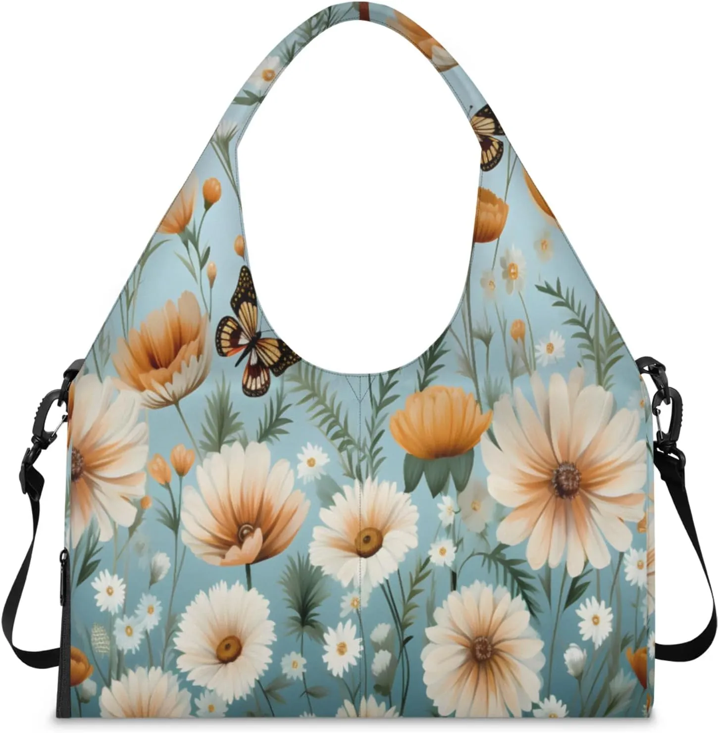 Orange White Blooms Waterproof Gym Bag for Men Women, Sports Duffel Bag with Shoe Compartment Yoga Mat Holder, Portable Large Travel Bag for Fitness, Camping, Weekend Trips