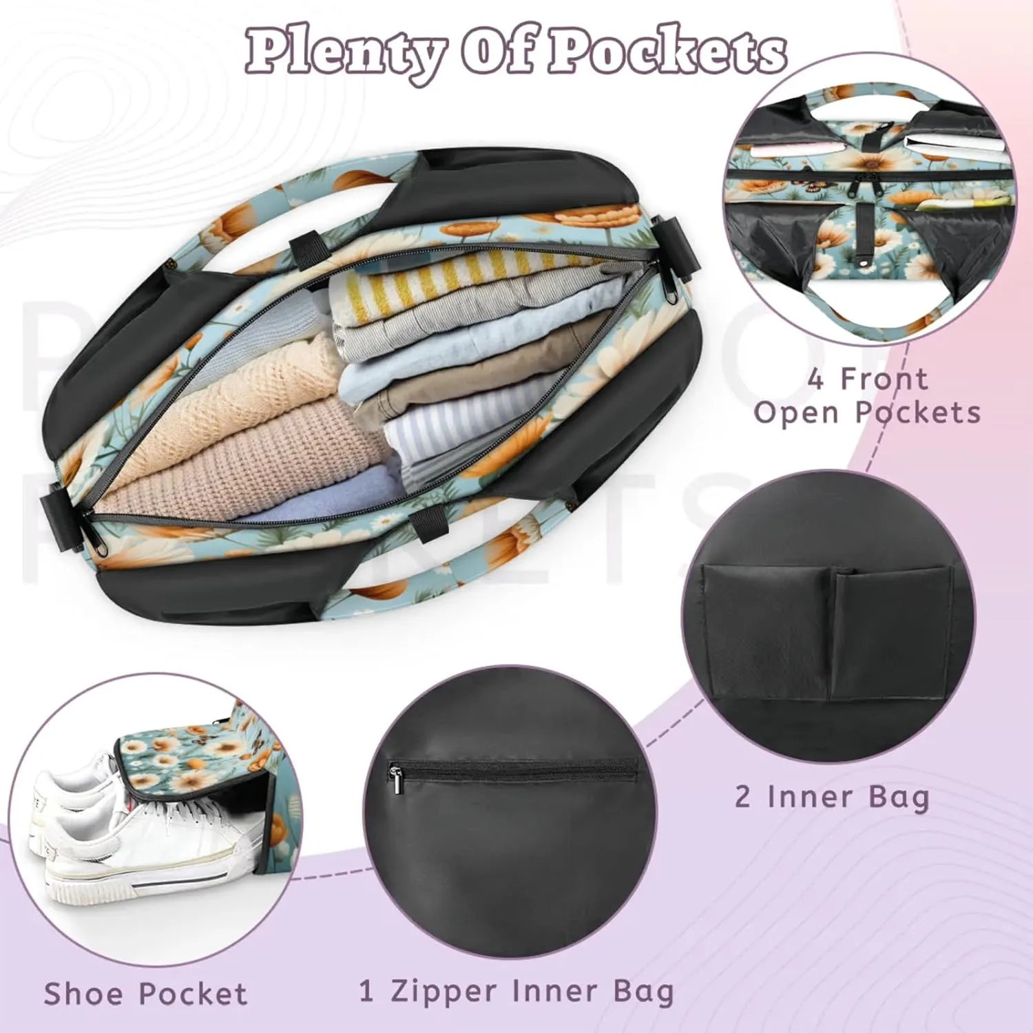 Orange White Blooms Waterproof Gym Bag for Men Women, Sports Duffel Bag with Shoe Compartment Yoga Mat Holder, Portable Large Travel Bag for Fitness, Camping, Weekend Trips