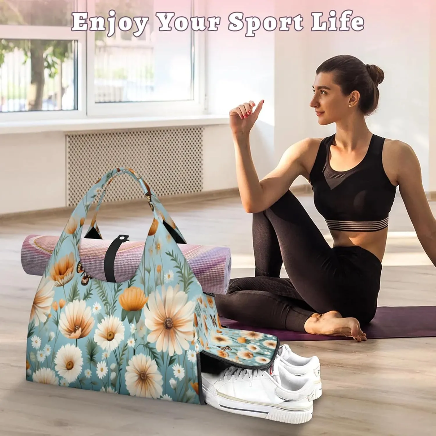 Orange White Blooms Waterproof Gym Bag for Men Women, Sports Duffel Bag with Shoe Compartment Yoga Mat Holder, Portable Large Travel Bag for Fitness, Camping, Weekend Trips