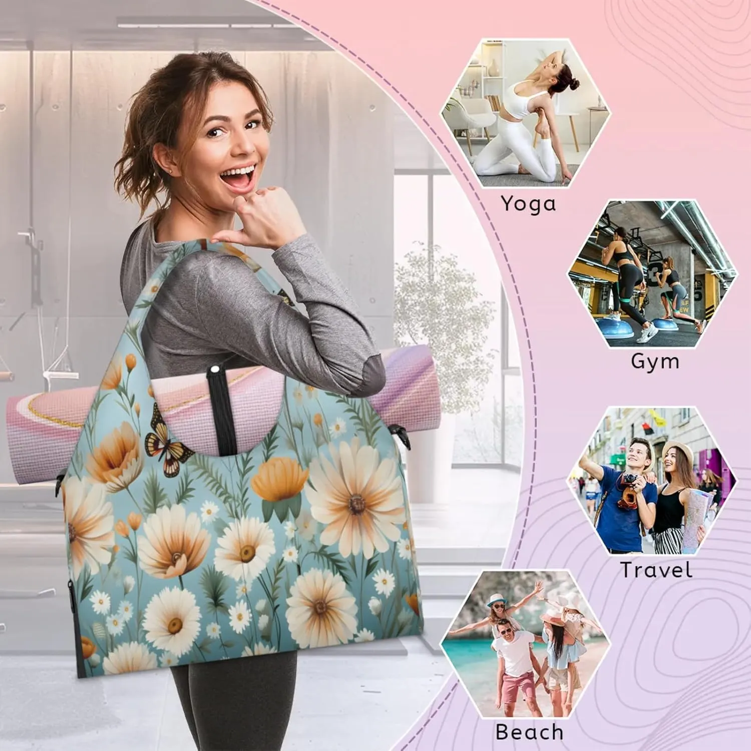 Orange White Blooms Waterproof Gym Bag for Men Women, Sports Duffel Bag with Shoe Compartment Yoga Mat Holder, Portable Large Travel Bag for Fitness, Camping, Weekend Trips