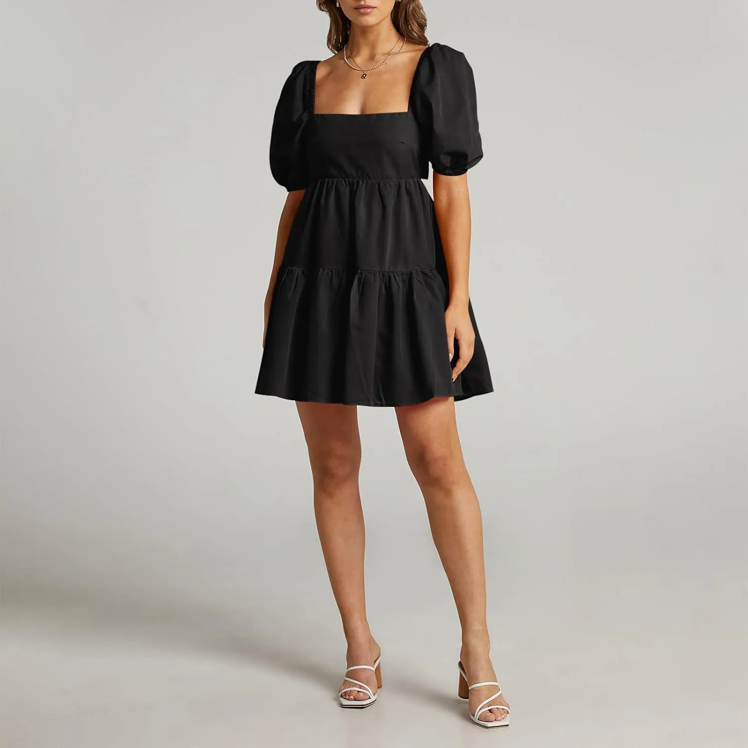 OWNGIGI Women's Summer Dress Square Neck Puffy Short Sleeve Loose Tie Back Casual A-Line Mini Dresses