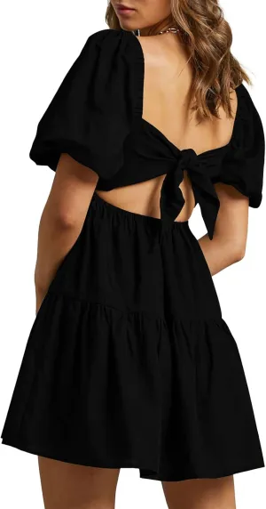 OWNGIGI Women's Summer Dress Square Neck Puffy Short Sleeve Loose Tie Back Casual A-Line Mini Dresses