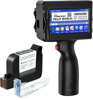 P15 Handheld Inkjet Printer for Flat Surface 0.5 Inch Nozzle for QRCode Barcode Production Date Time Logo Batch Number Print On Glass Bag Carton Box Wood Cloth Plastic Cable (25 Languages)