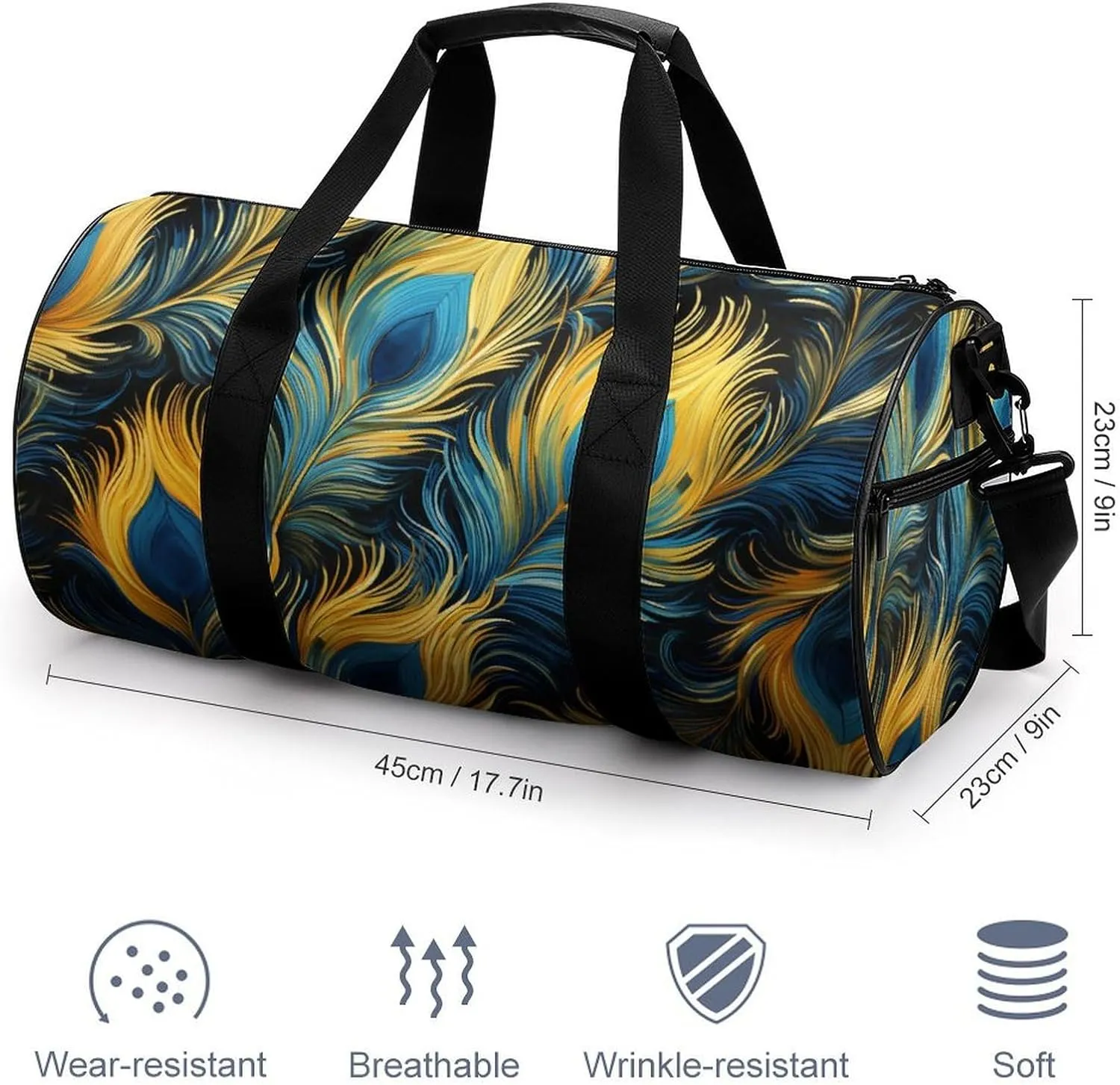 Pattern of Peacock Feathers Travel Gym Bag for Women Men Cylindrical Duffle Bag Sport Workout Bag with Shoulder Strap