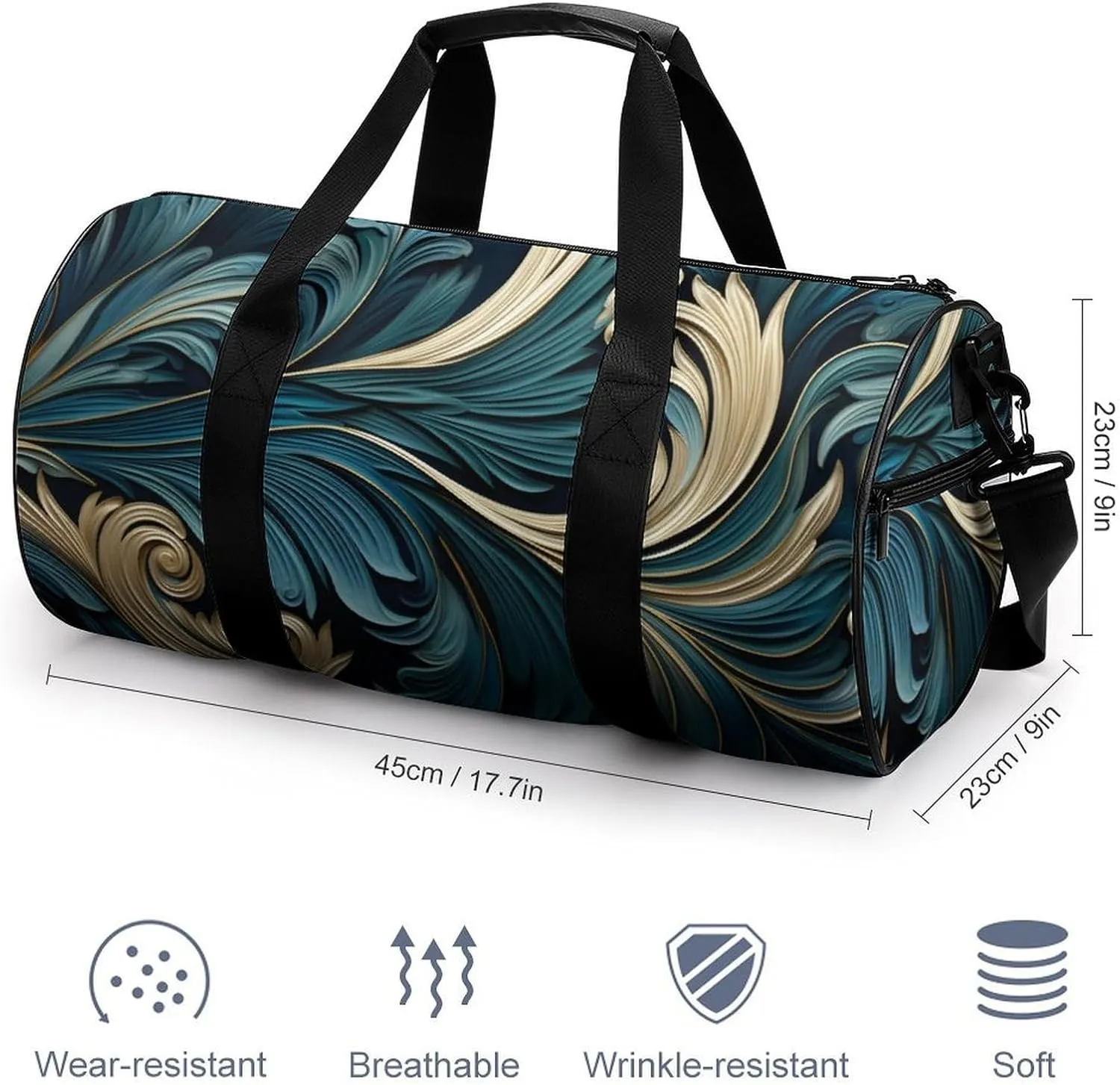 Peacock Feathers in Teal And Gold Travel Gym Bag for Women Men Cylindrical Duffle Bag Sport Workout Bag with Shoulder Strap