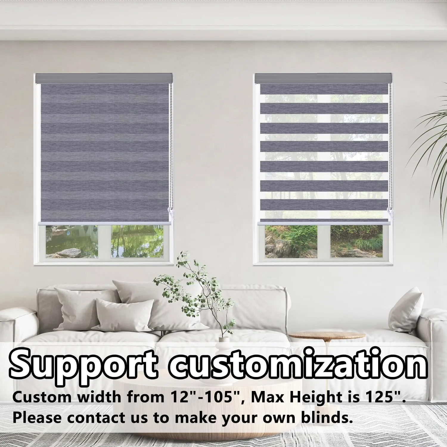 Persilux Custom Blackout Window Shades Zebra Blinds (24" W X 72" H, Dark Grey) Dual Layer Roller Sheer Shades Light Control for Day and Night Shades for Windows and Home, Easy to Install