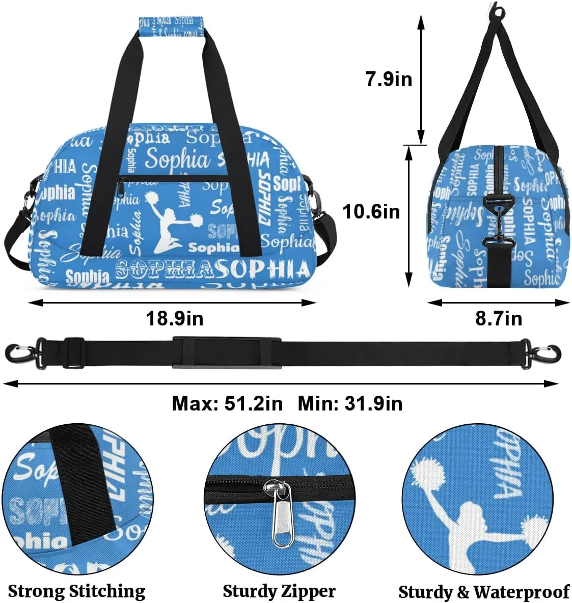 Personalized Cheer Bag Name Custom Sport Duffel Bag Dance Bag, Overnight Weekender Bags Cheerleader Personalized Gymnastics Bag Cheerleading Gifts, Blue