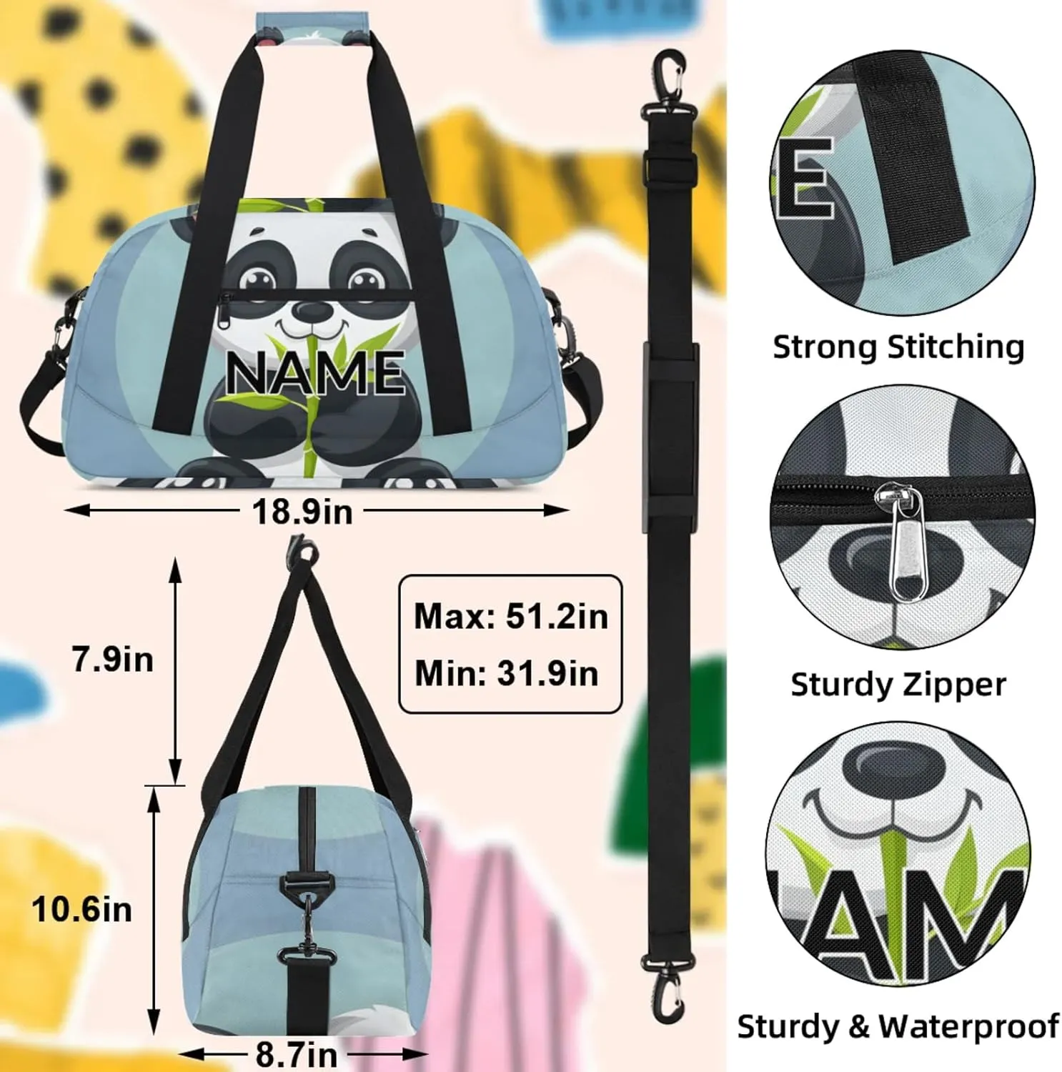 Personalized Custom Asian Panda Gym Bag for Women Men Carry on Travel Duffel Tote Cute Pandas Overnight Workout Weekender Bag