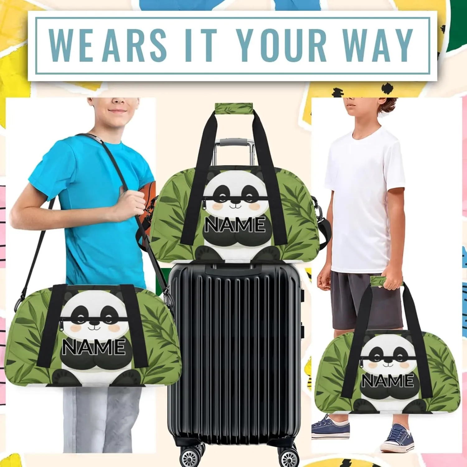 Personalized Custom Cute Panda Gym Bag for Women Men Carry on Travel Duffel Tote Leaves Tree Asian Overnight Workout Weekender Bag