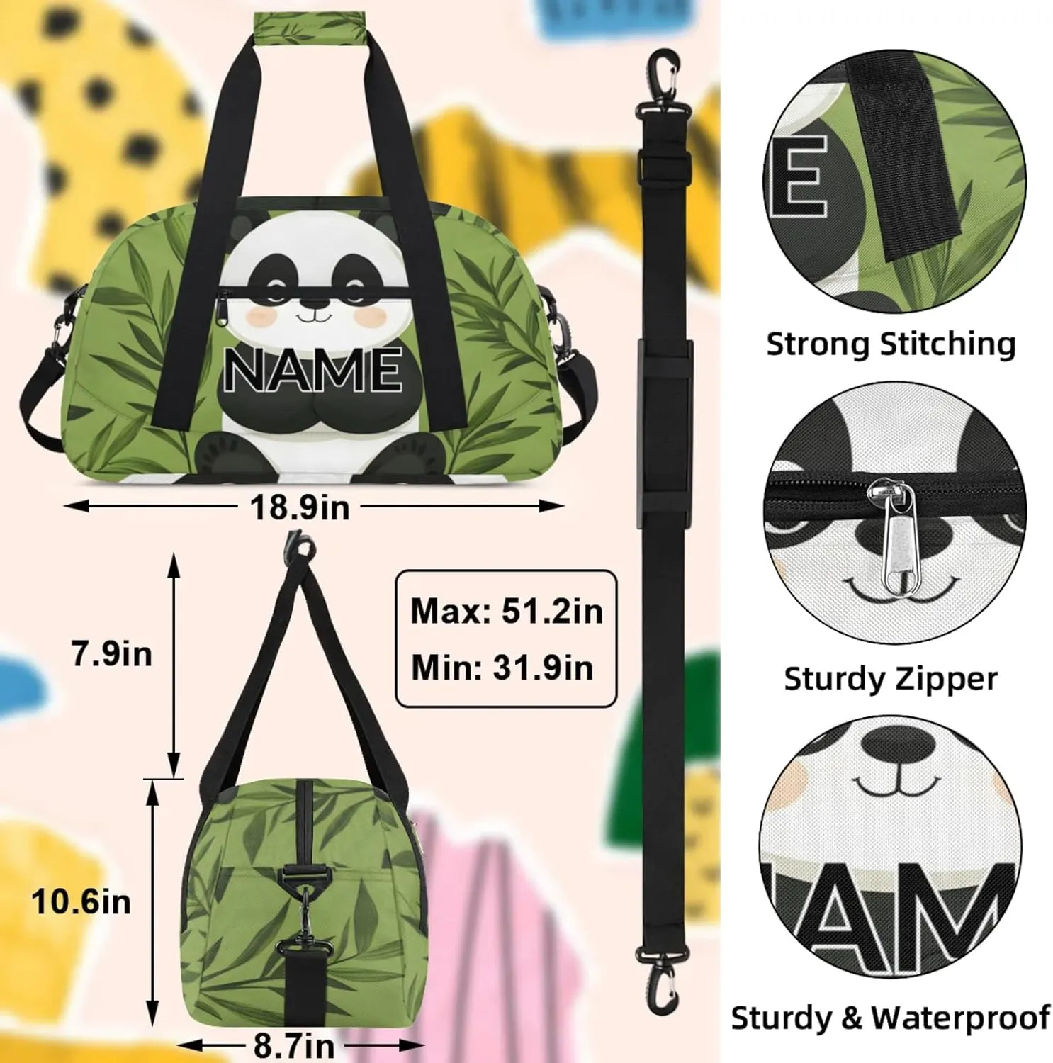 Personalized Custom Cute Panda Gym Bag for Women Men Carry on Travel Duffel Tote Leaves Tree Asian Overnight Workout Weekender Bag