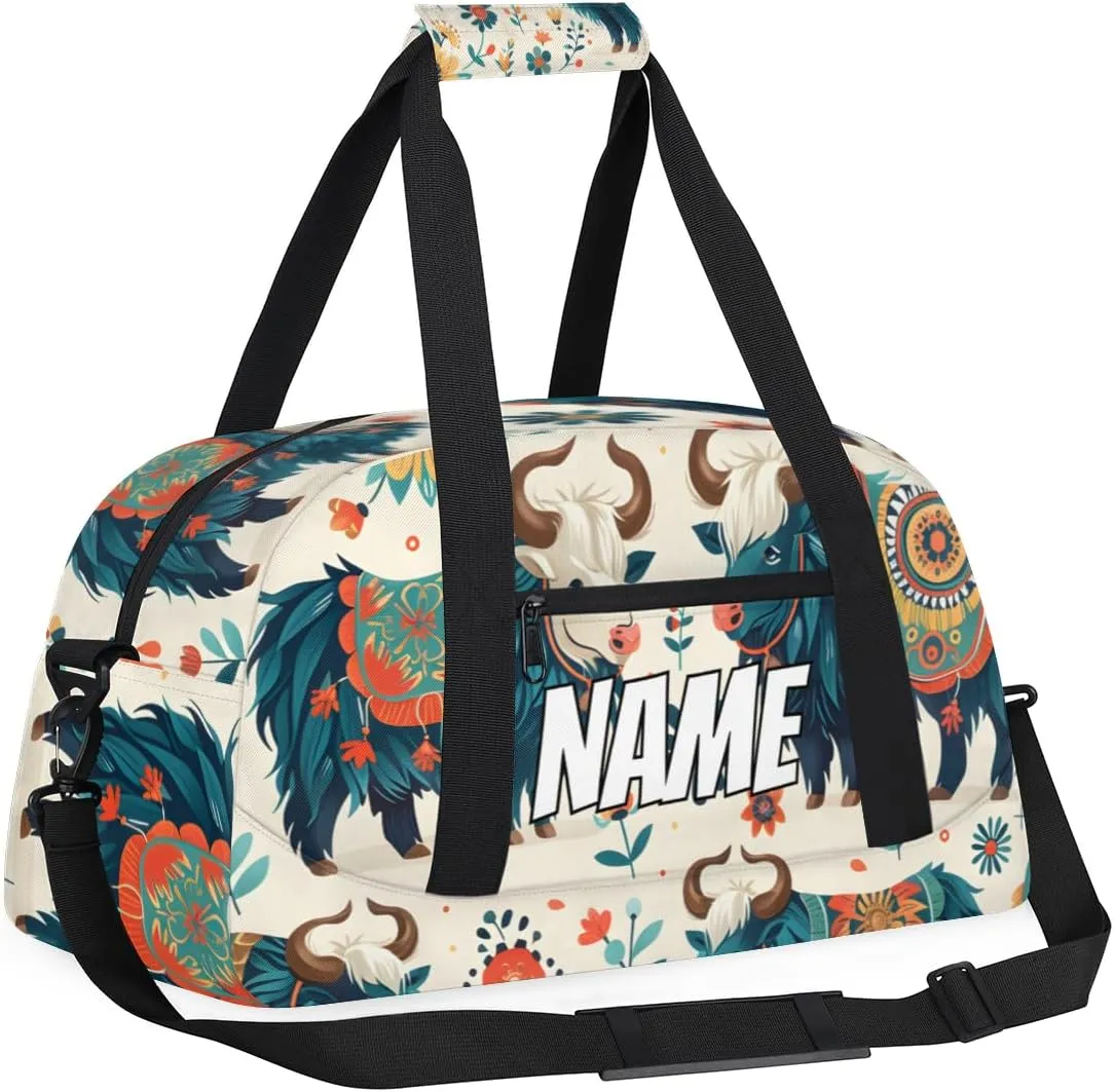 Personalized Custom Gym Bag for Women Men Carry on Aztec Highland Cow Travel Duffel Tote Retro Flower Overnight Workout Weekender Bag