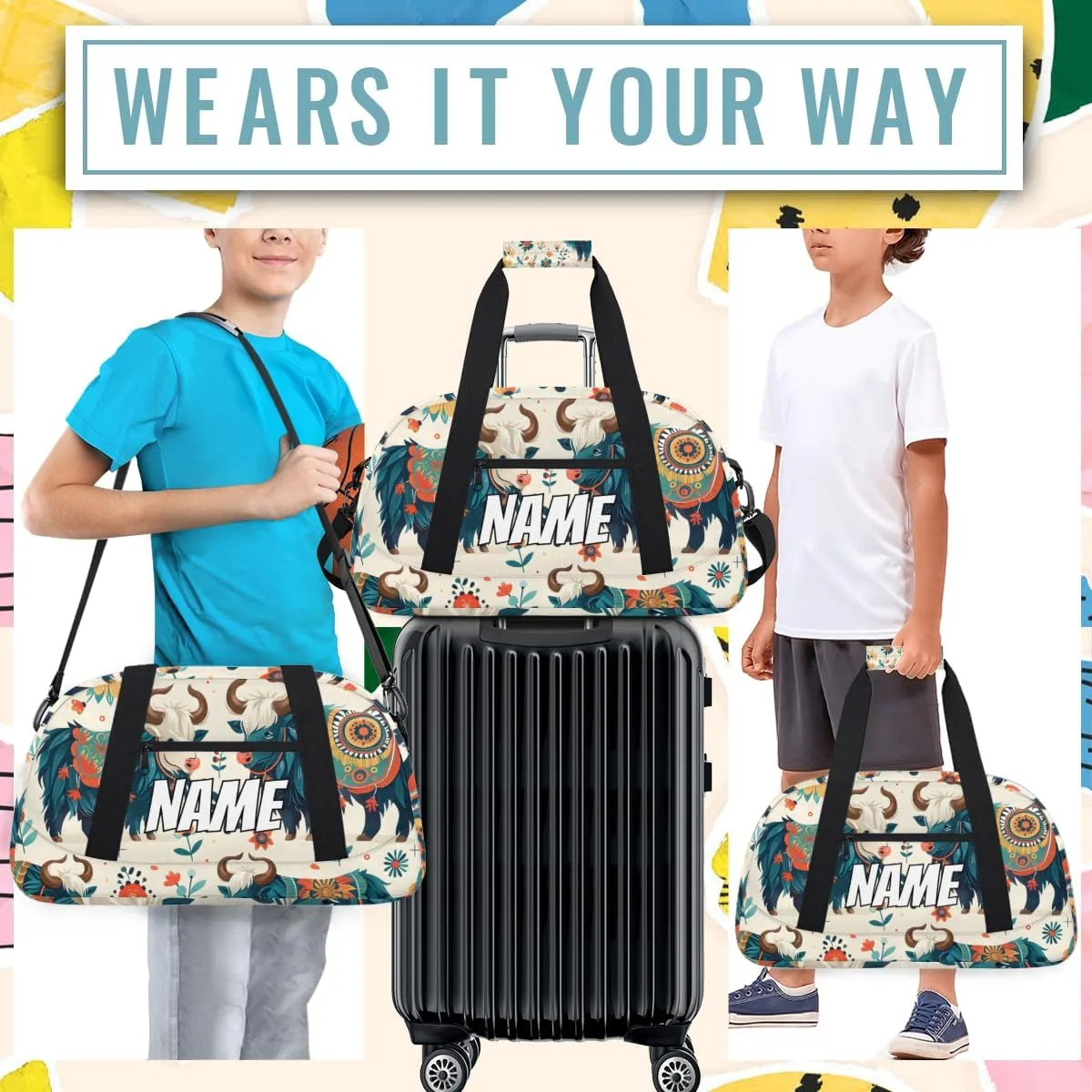 Personalized Custom Gym Bag for Women Men Carry on Aztec Highland Cow Travel Duffel Tote Retro Flower Overnight Workout Weekender Bag