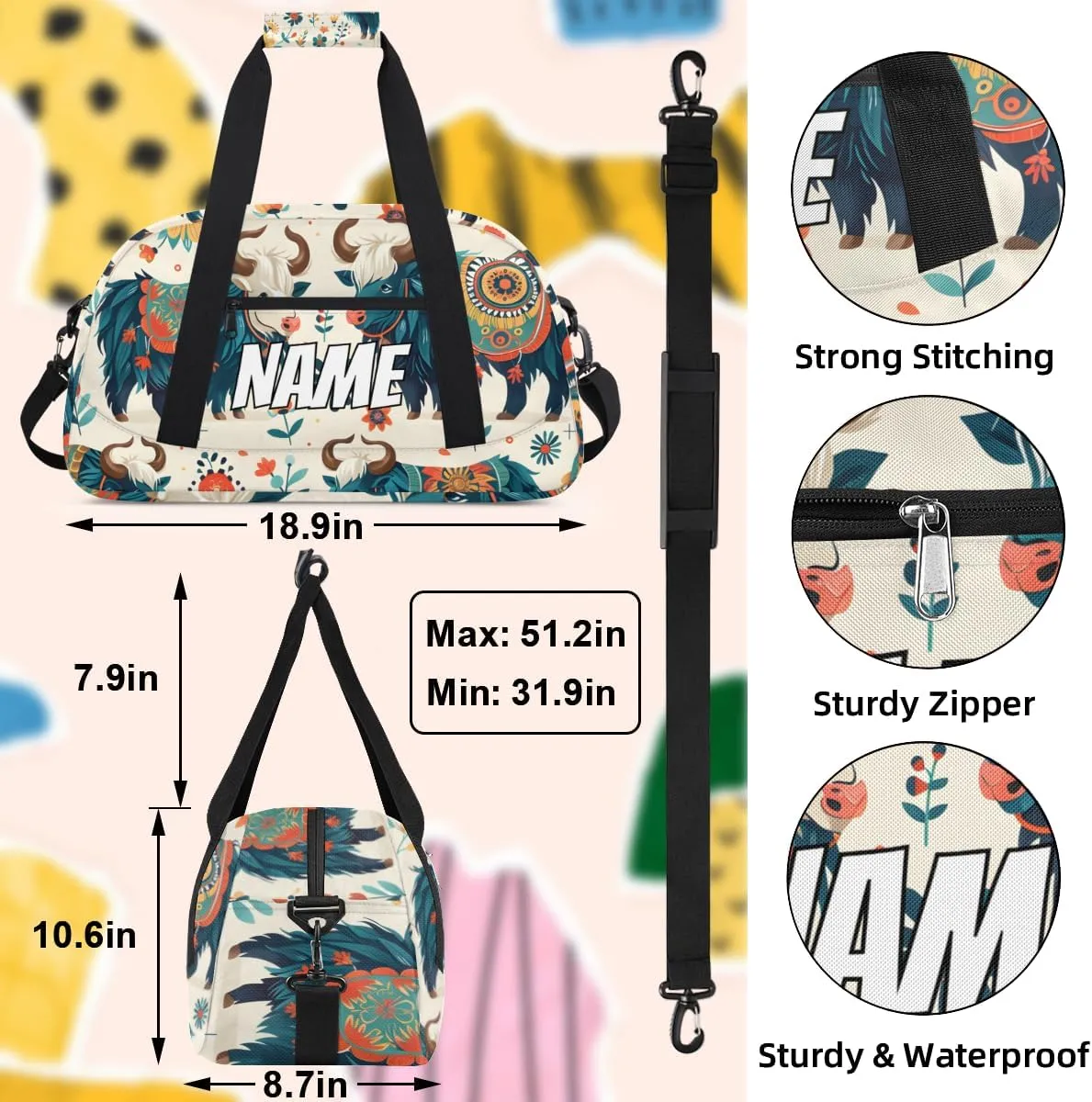 Personalized Custom Gym Bag for Women Men Carry on Aztec Highland Cow Travel Duffel Tote Retro Flower Overnight Workout Weekender Bag