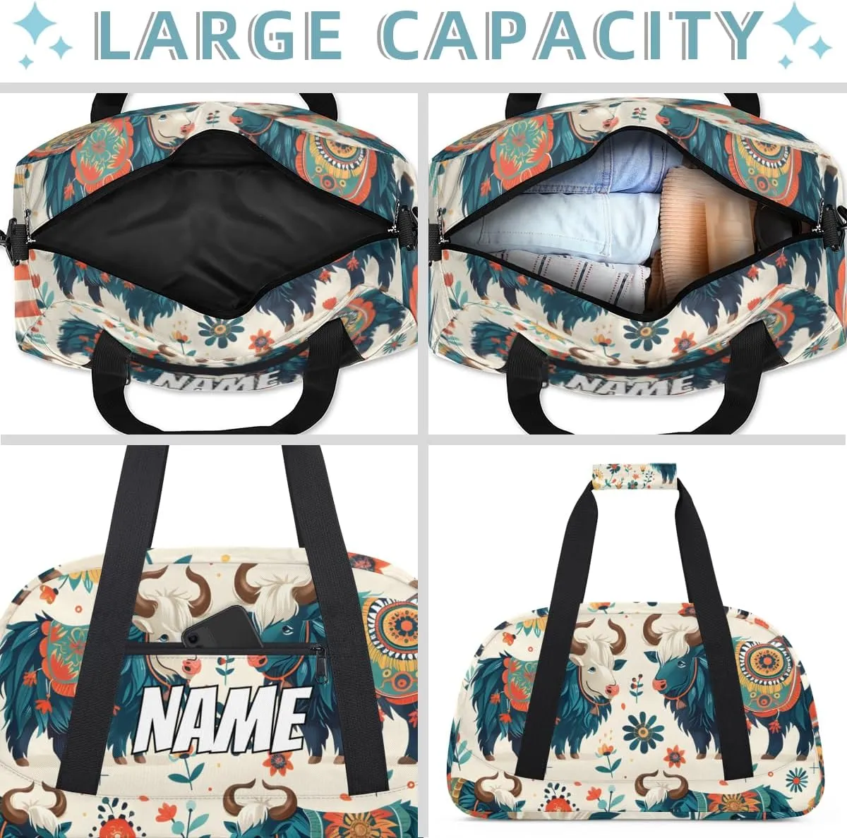 Personalized Custom Gym Bag for Women Men Carry on Aztec Highland Cow Travel Duffel Tote Retro Flower Overnight Workout Weekender Bag