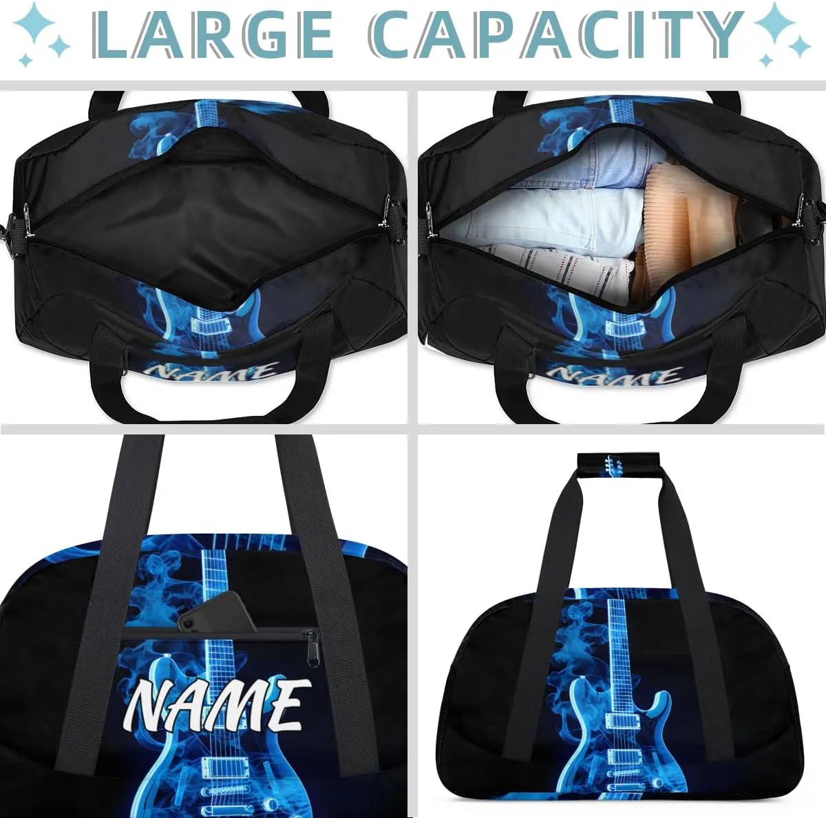 Personalized Custom Gym Bag for Women Men Carry on Blue Flame Guitar Travel Duffel Tote Musical Overnight Workout Weekender Bag