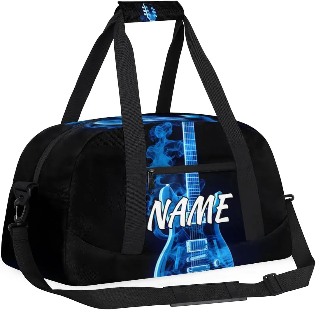 Personalized Custom Gym Bag for Women Men Carry on Blue Flame Guitar Travel Duffel Tote Musical Overnight Workout Weekender Bag