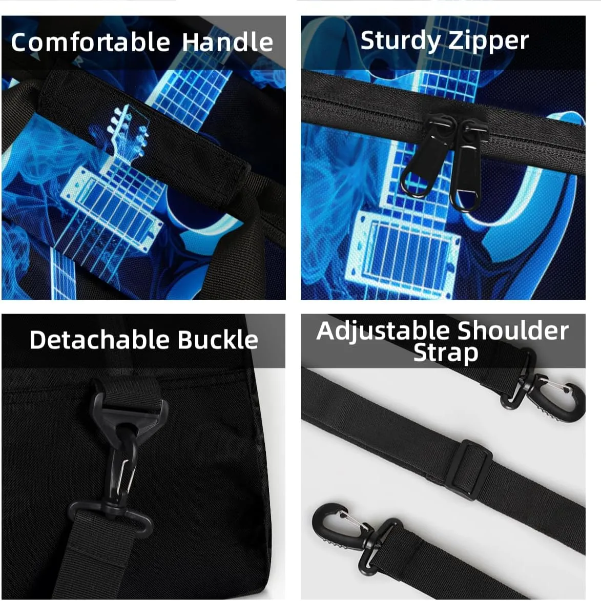Personalized Custom Gym Bag for Women Men Carry on Blue Flame Guitar Travel Duffel Tote Musical Overnight Workout Weekender Bag