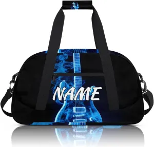 Personalized Custom Gym Bag for Women Men Carry on Blue Flame Guitar Travel Duffel Tote Musical Overnight Workout Weekender Bag