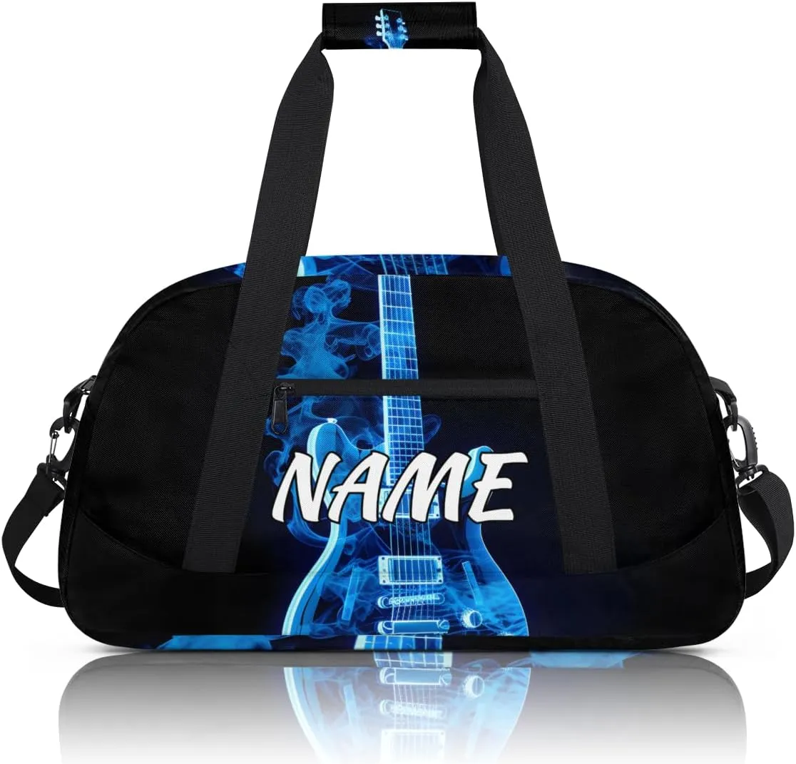 Personalized Custom Gym Bag for Women Men Carry on Blue Flame Guitar Travel Duffel Tote Musical Overnight Workout Weekender Bag