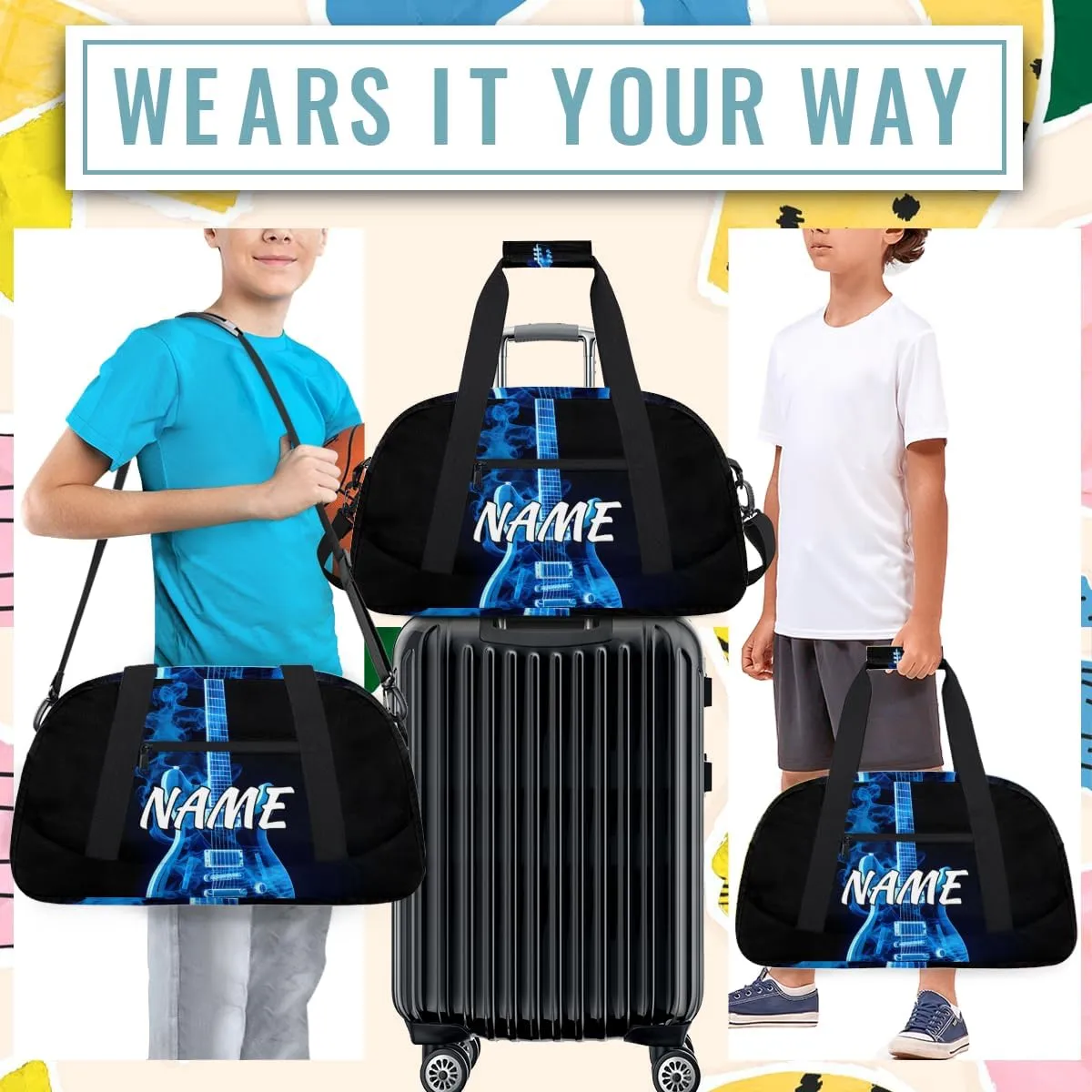 Personalized Custom Gym Bag for Women Men Carry on Blue Flame Guitar Travel Duffel Tote Musical Overnight Workout Weekender Bag