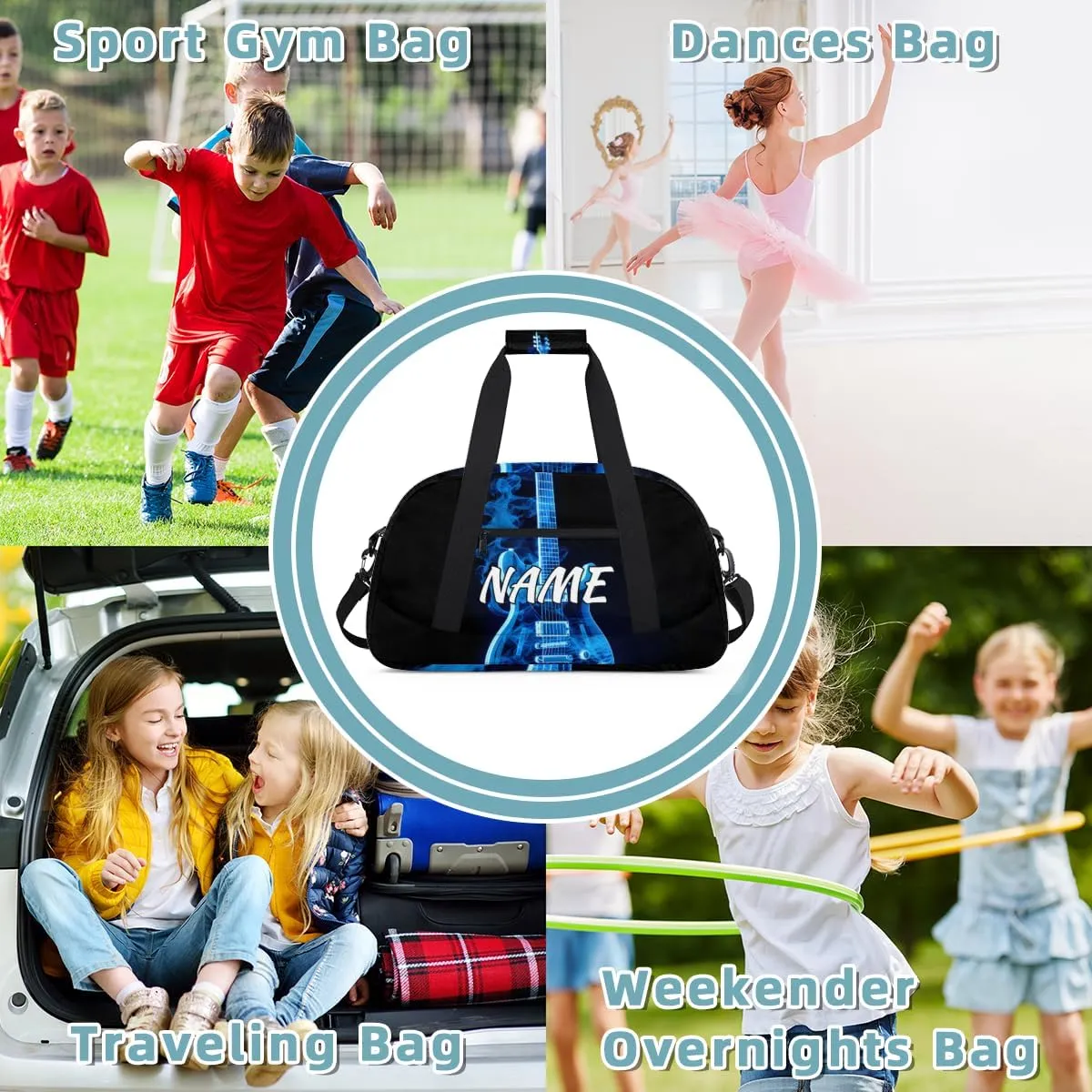 Personalized Custom Gym Bag for Women Men Carry on Blue Flame Guitar Travel Duffel Tote Musical Overnight Workout Weekender Bag