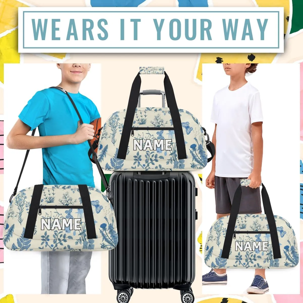 Personalized Custom Gym Bag for Women Men Carry on Blue Wildflower Travel Duffel Tote Botanical Flower Overnight Workout Weekender Bag