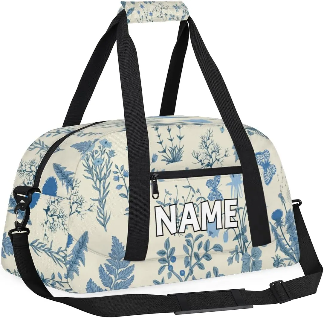 Personalized Custom Gym Bag for Women Men Carry on Blue Wildflower Travel Duffel Tote Botanical Flower Overnight Workout Weekender Bag