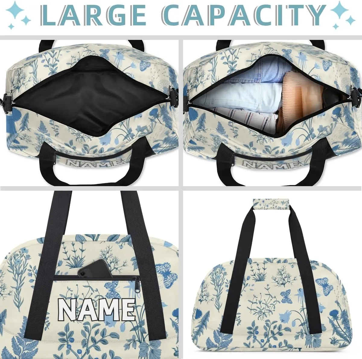 Personalized Custom Gym Bag for Women Men Carry on Blue Wildflower Travel Duffel Tote Botanical Flower Overnight Workout Weekender Bag