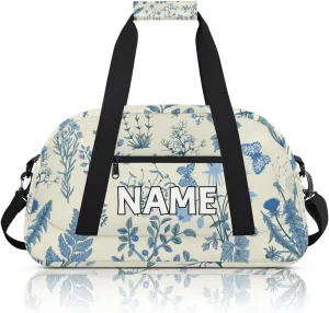 Personalized Custom Gym Bag for Women Men Carry on Blue Wildflower Travel Duffel Tote Botanical Flower Overnight Workout Weekender Bag