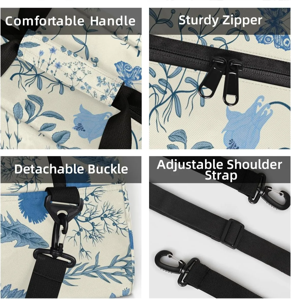 Personalized Custom Gym Bag for Women Men Carry on Blue Wildflower Travel Duffel Tote Botanical Flower Overnight Workout Weekender Bag
