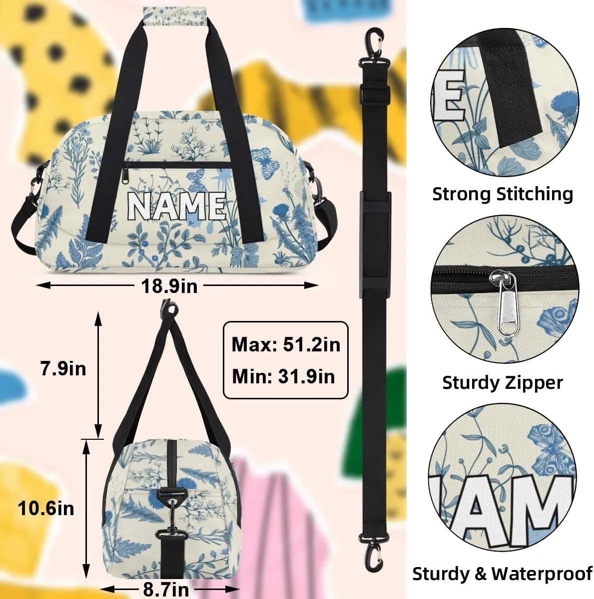 Personalized Custom Gym Bag for Women Men Carry on Blue Wildflower Travel Duffel Tote Botanical Flower Overnight Workout Weekender Bag