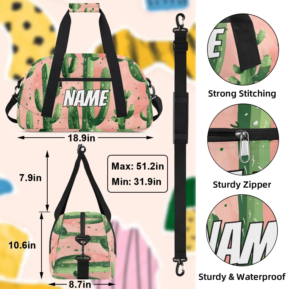 Personalized Custom Gym Bag for Women Men Carry on Cactus Travel Duffel Tote Tropical Desert Southwest Plant Overnight Workout Weekender Bag