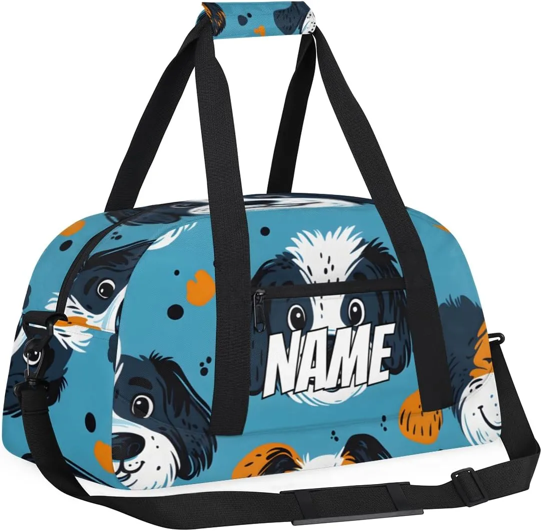 Personalized Custom Gym Bag for Women Men Carry on Cartoon Dogs Travel Duffel Tote Kawaii Puppies Overnight Workout Weekender Bag